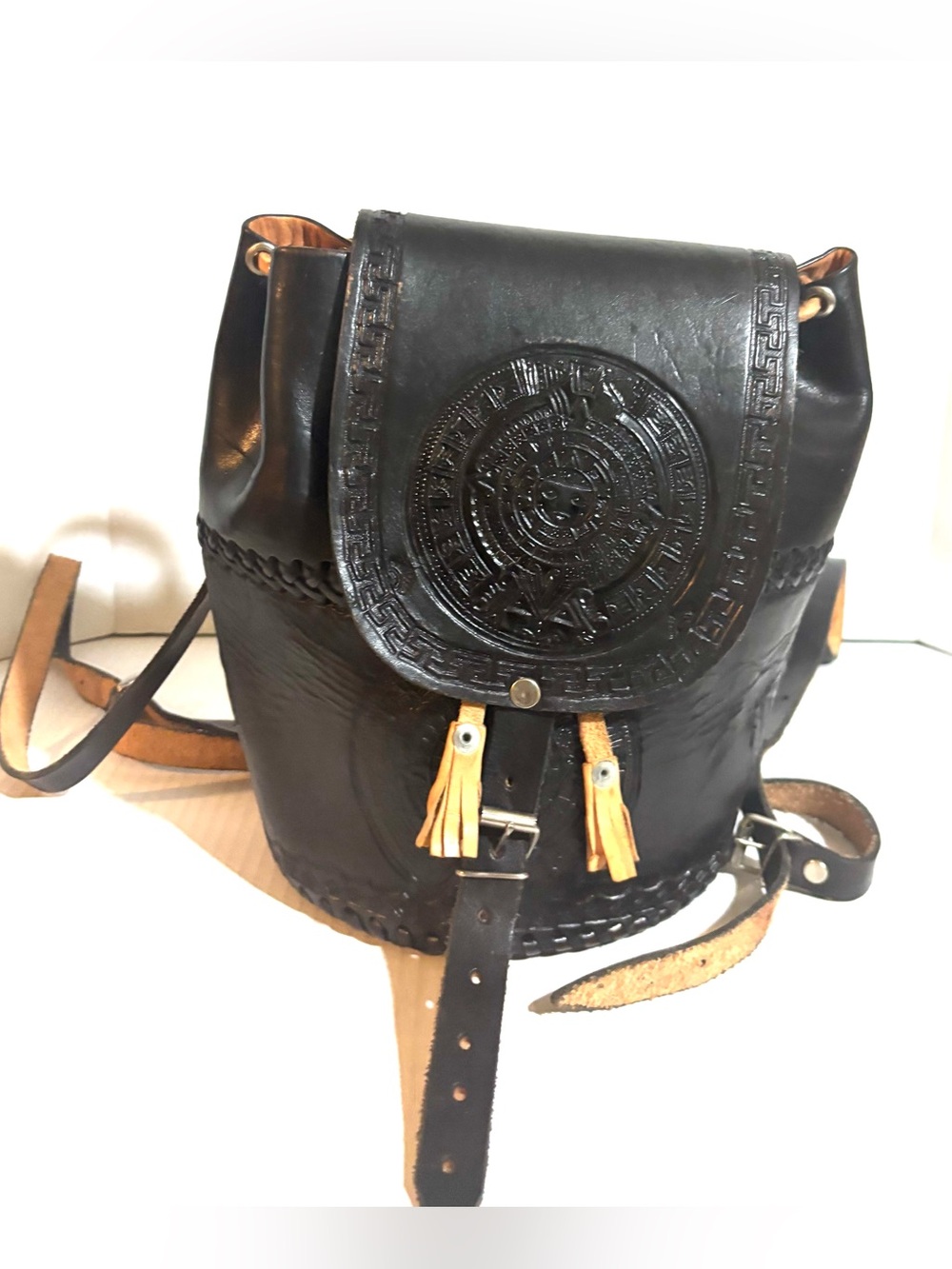 Vintage handmade Black Leather Backpack with Embossed Medallion